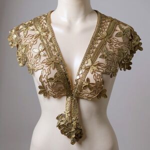 Gold Sequin Bead Floral Mesh Netting Design Embellished Collar Shawl Capelet